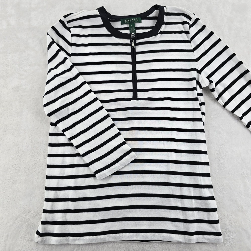 Lauren Ralph Lauren Top Womens L Shirt Black White Striped Quarter Zip